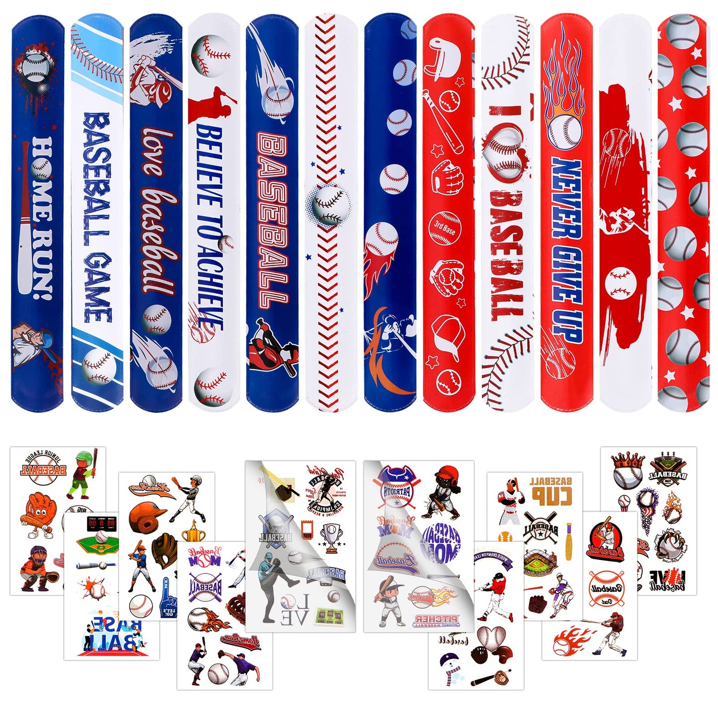 40Pcs Baseball Slap Bracelets Party Favors With Tattoo - Birthday Gifts and Party Decorations Snap Band for Kids Boys