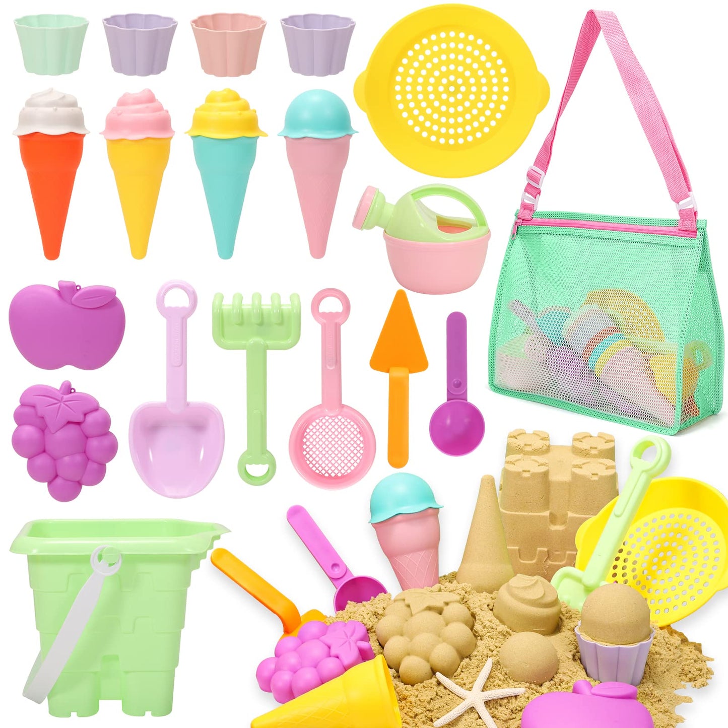 Tagitary Beach Sand Toys for Kids, Beach Toys 23PCS Set with Ice Cream Cake Sand Molds, Mesh Beach Bag, Bucket, Watering Can, Sh