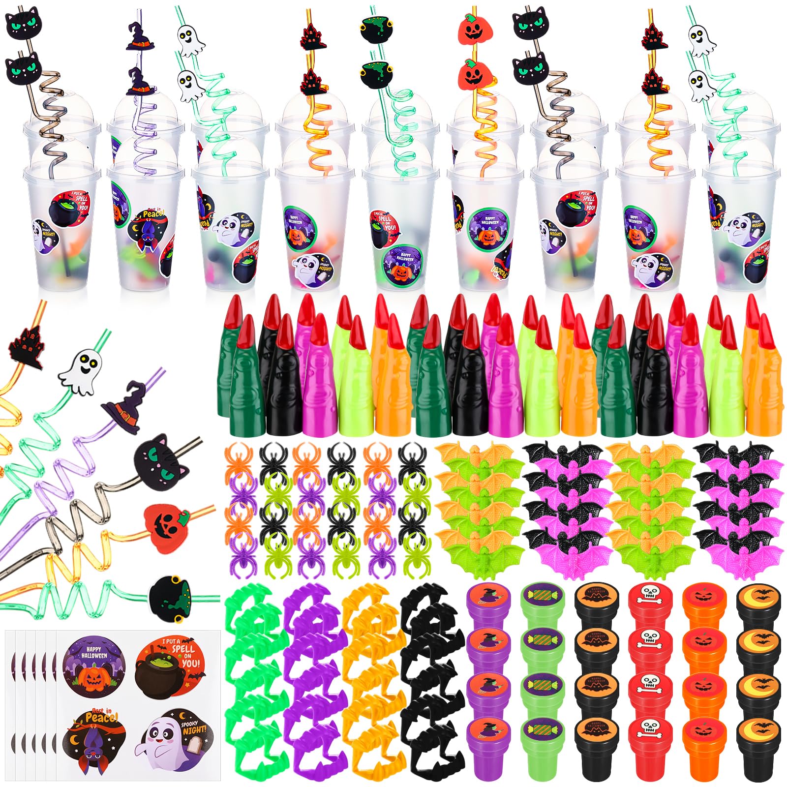 Jenaai 216 Pcs Halloween Party Favors Goodie Cups 24 Set Halloween Goodie Bag Stuffers Prizes Bulk Assortment Cups Filler Sticke