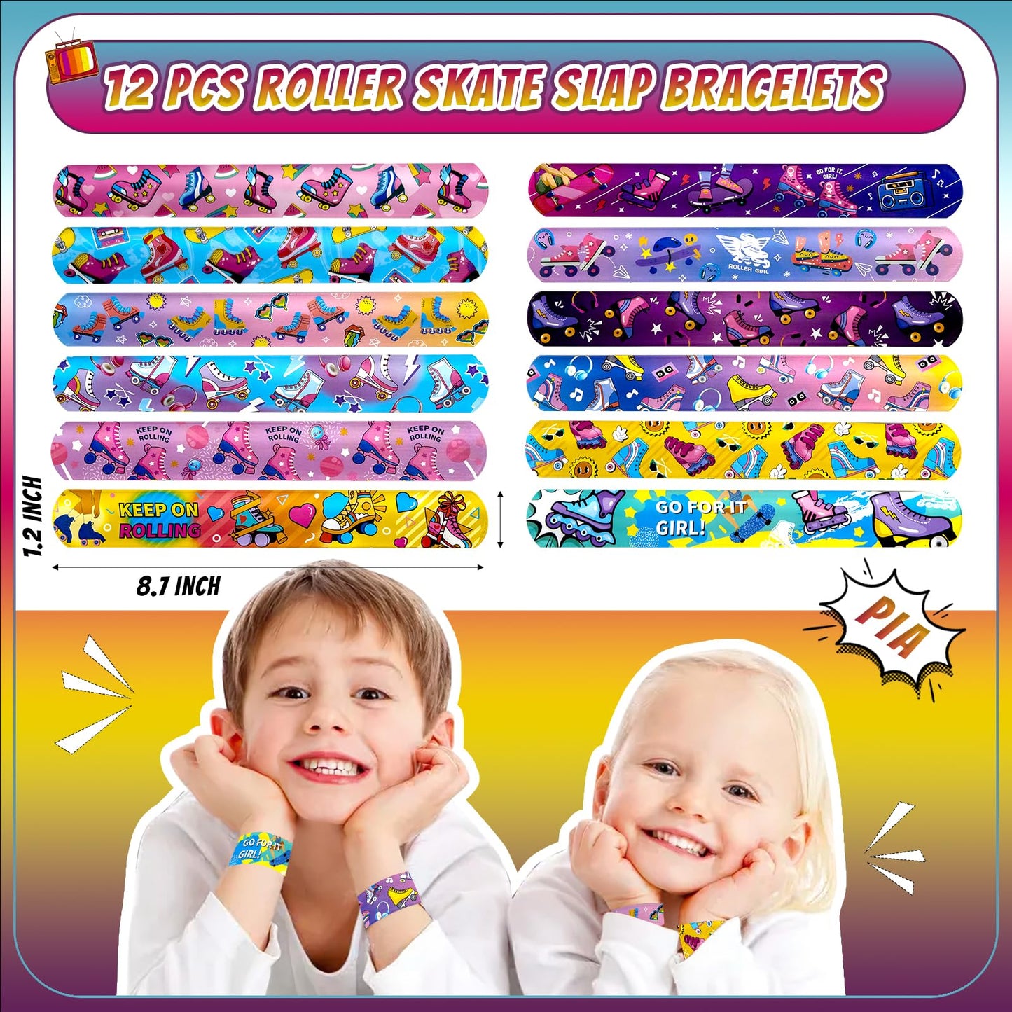 Joyvorite 134 Pcs Roller Skate Party Favors Set with Straws Keychains Slap Bracelet Tattoo Roller Skate Stickers Wristbands Good