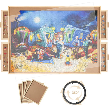 1500 Pieces Rotating Puzzle Board With 4 Drawers,34.25''X25.2'' Portable Wooden Jigsaw Puzzle Table With Lazy Susan Spinning Cov