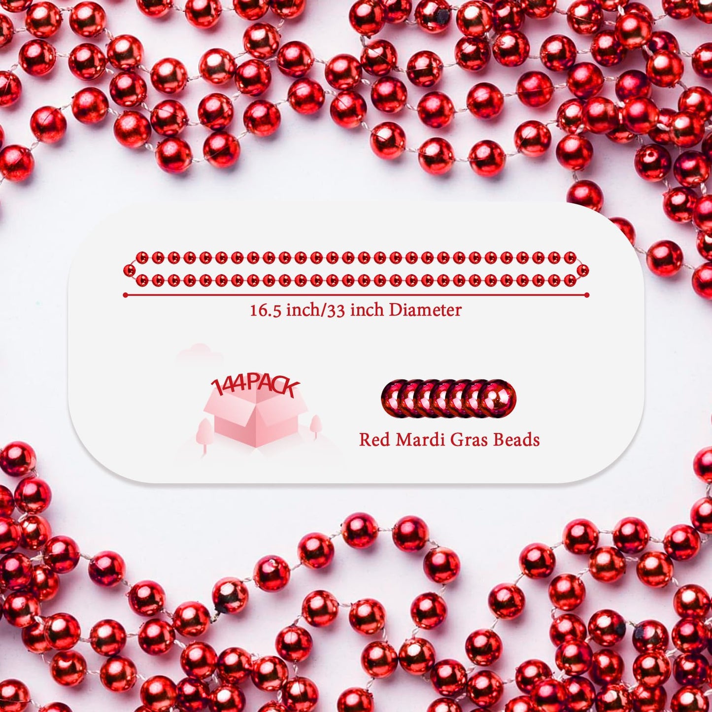 YAXINRUI 144 PCS Red Bead Necklaces, Red Christmas Mardi Gras Bead Necklaces, Red Valentine Necklace, 33 Inch Round Beaded Neckl