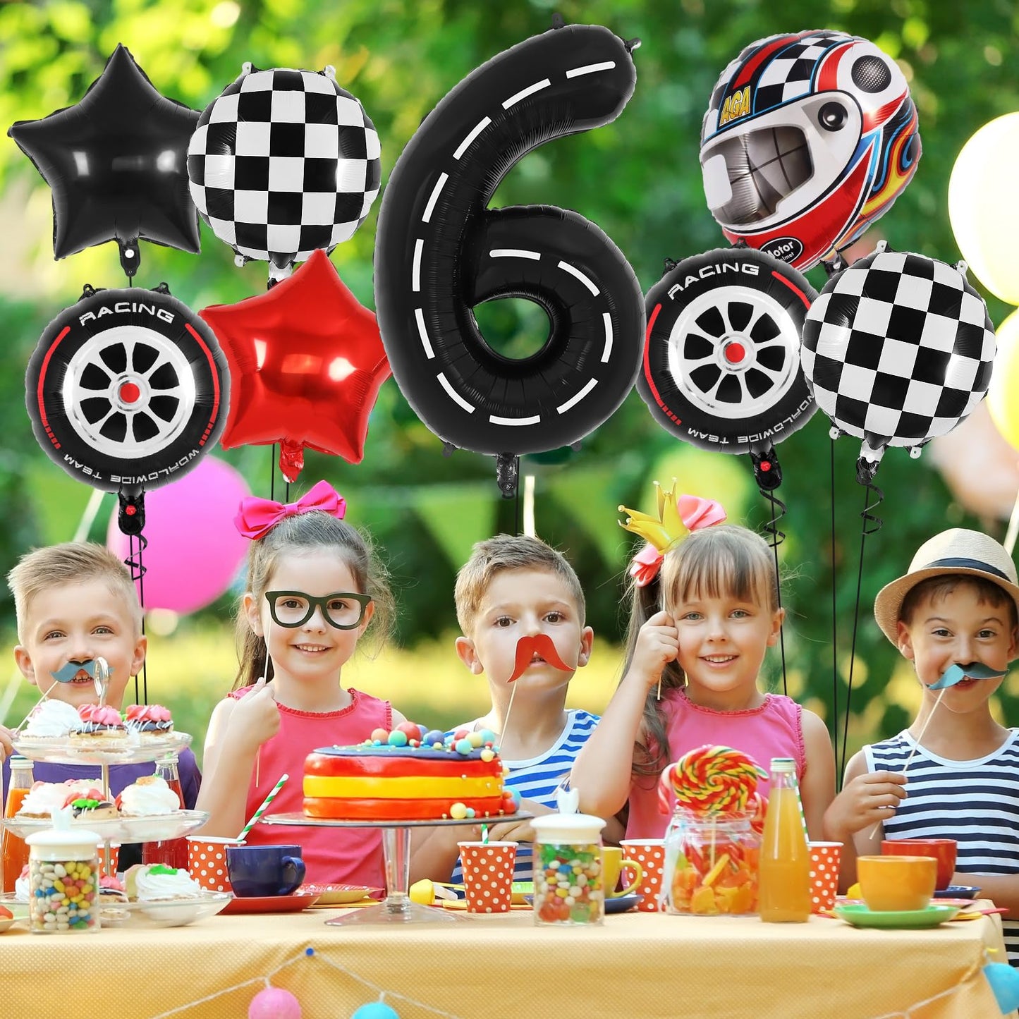 Race Car 6 Balloons, 40 Inch Racetrack Number 6 Balloon, Large Foil Mylar Racetrack Black 6 Balloon For 6 Year Old Birthday Race
