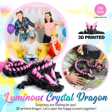 24 Large 3D Printed Glow in the Dark Dragon Flexible Articulated Crystal Dragon Fidget Toy Cool Big Dragons Toy Huge 3D Printed Dragons Gift for Girls Boys Kids age 3-5 4-7 8-12 Christmas & Birthday