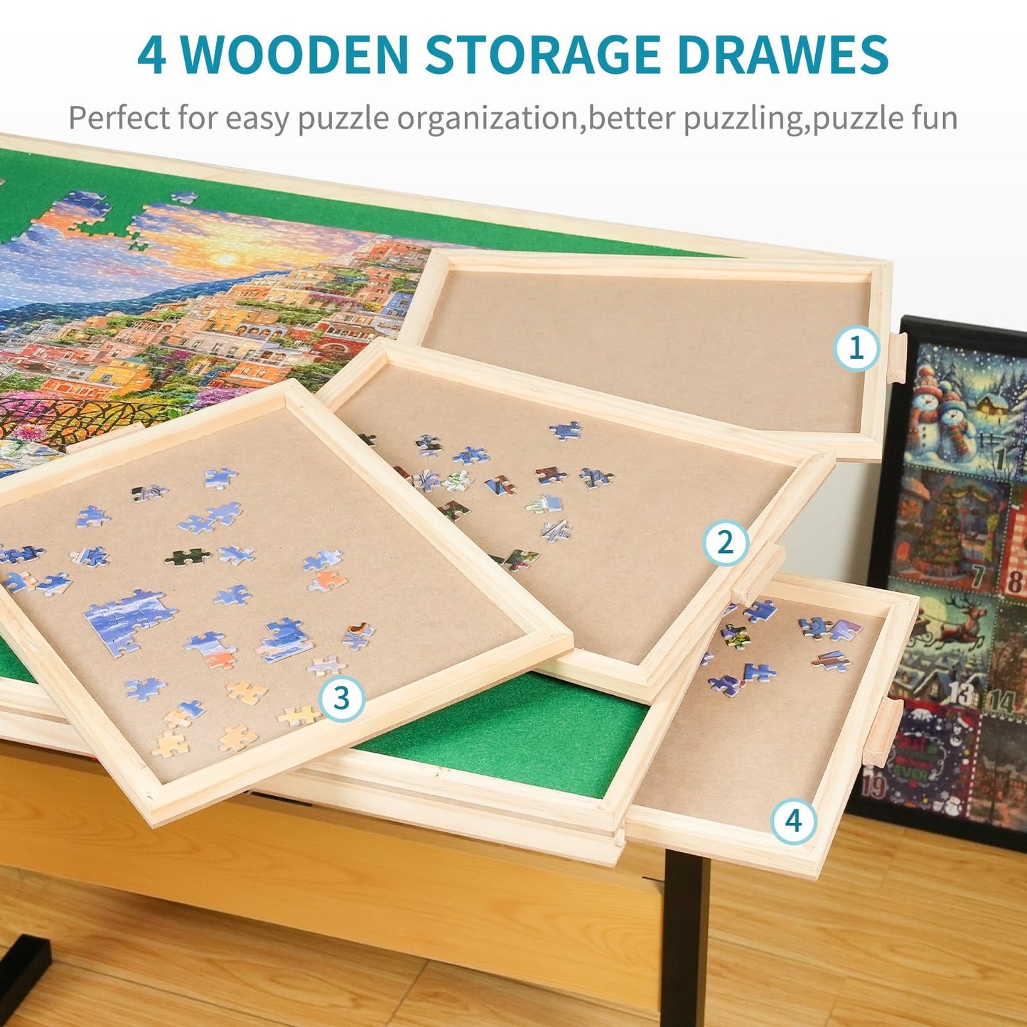 Builderbutler 1500Pcs Puzzle Table With Legs,34.25'' X 25.2''Wooden Jigsaw Puzzle Board With 4 Drawers & Cover,Height Adjustment