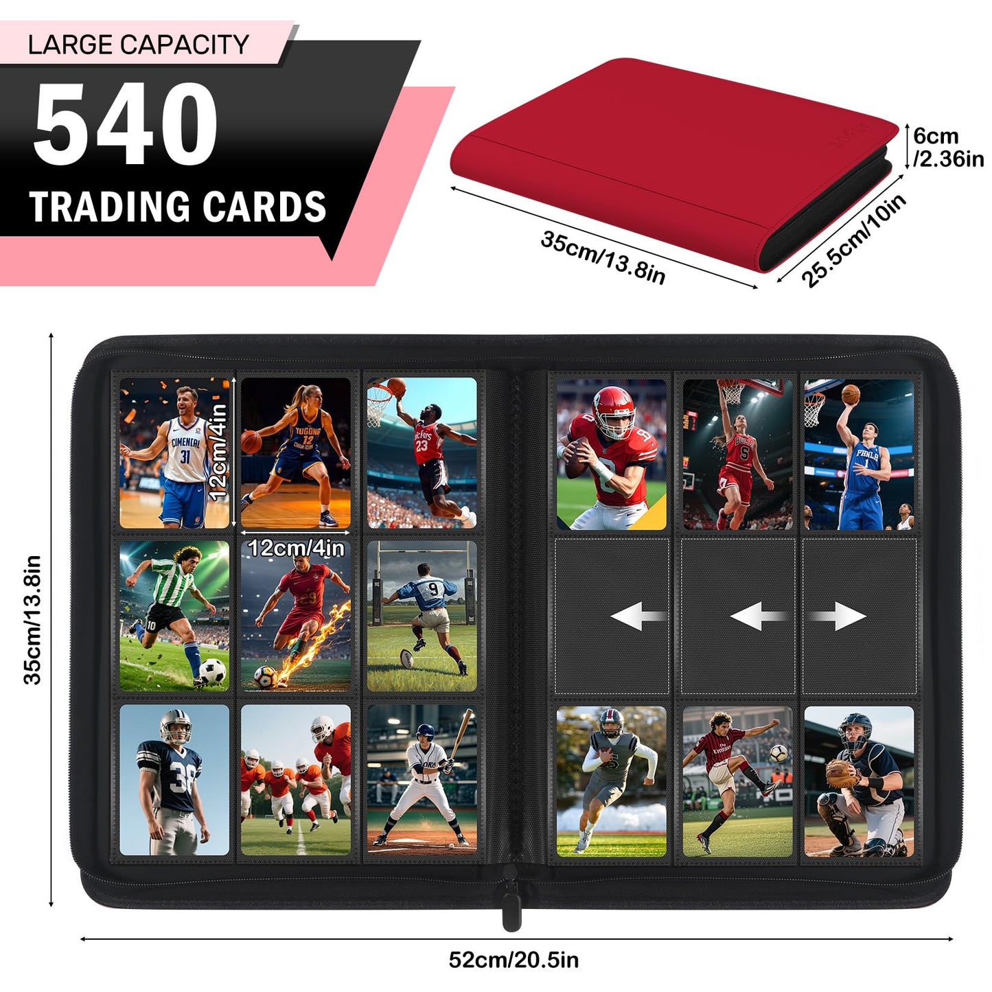 Zofly 9 Pocket Trading Card Zip Binder  540 Cards  enhanced Baseball Card Storage Album  30 Side-Loading Pages  Folder for Collectible Games  Sports  TCG  Red
