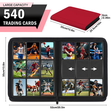 Zofly 9 Pocket Trading Card Zip Binder  540 Cards  enhanced Baseball Card Storage Album  30 Side-Loading Pages  Folder for Collectible Games  Sports  TCG  Red