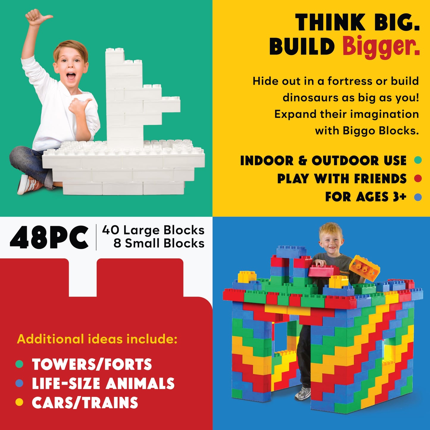 Big Blocks For Kids Ages 4-8 - Indoor & Outdoor Blocks Kids Games - White Large Building Blocks - 48 Pc
