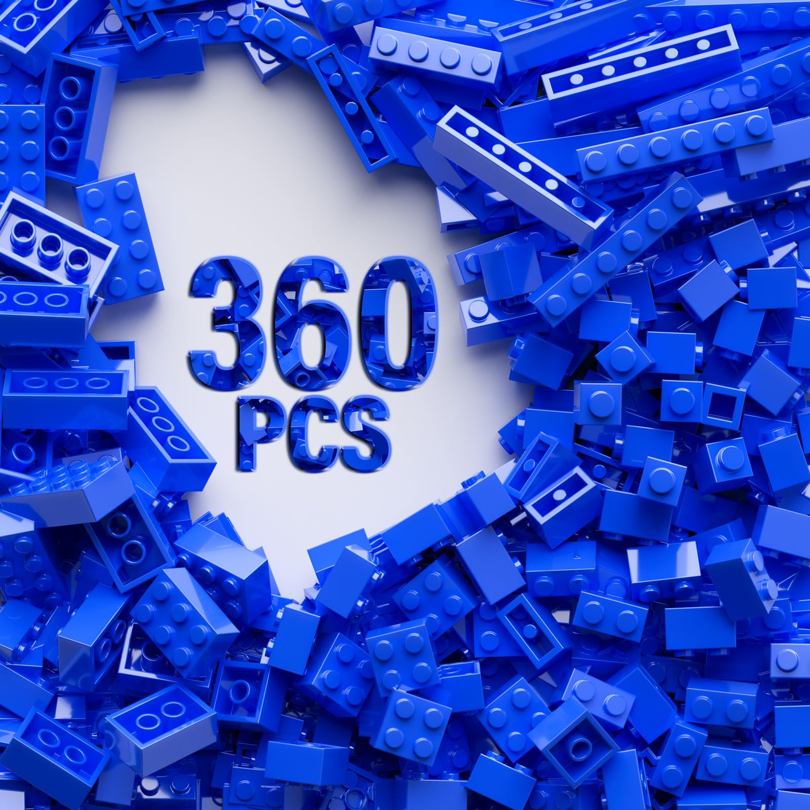 360 Piece Blue Classic Building Blocks Bulk, 7 Sizes Building Bricks Assortment Pack, Compatible with Lego Parts and Pieces (Blu