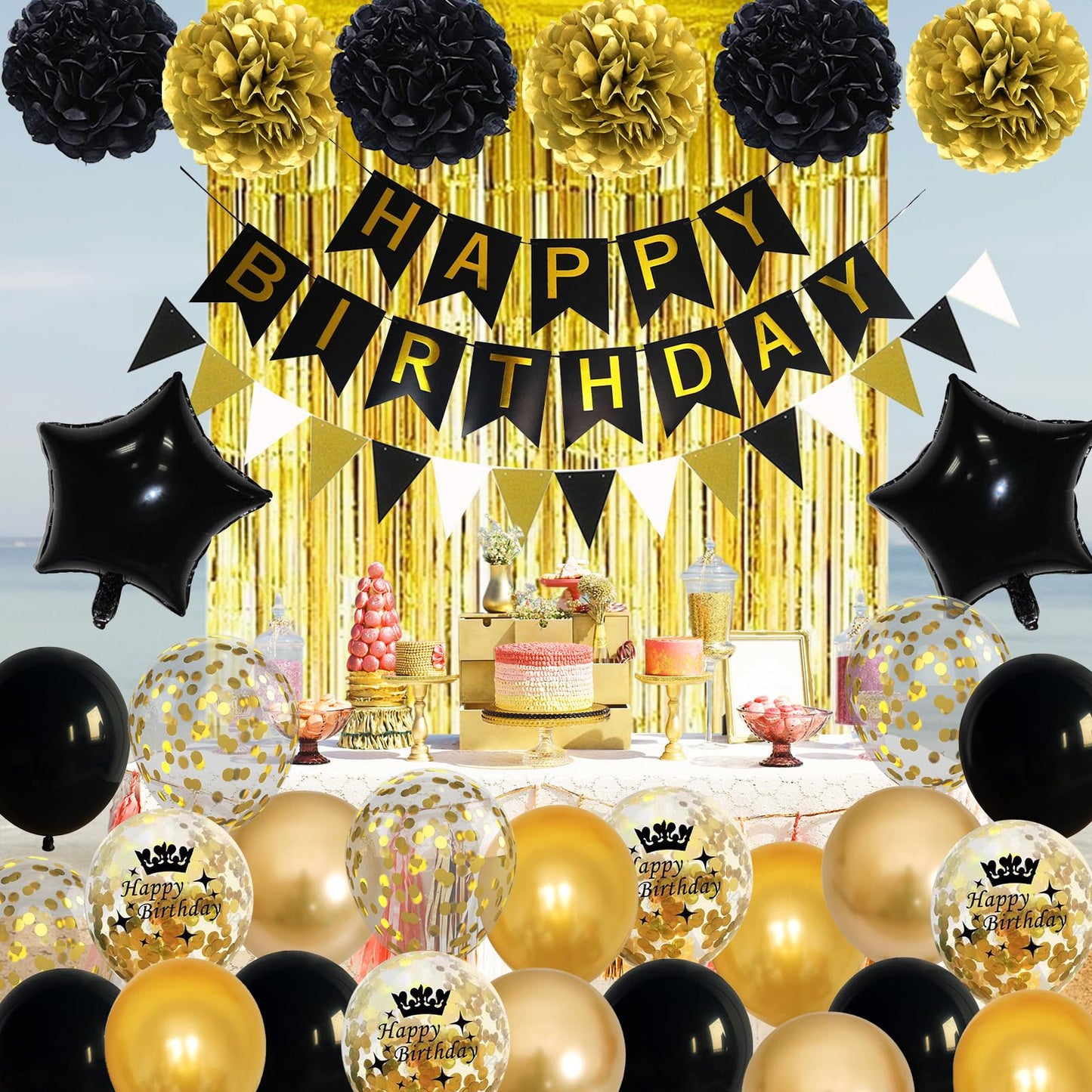 Black And Gold Birthday Decorations, Gold Black Foil Confetti Birthday Balloons Black Foil Balloon Happy Birthday Banner Pom Pom