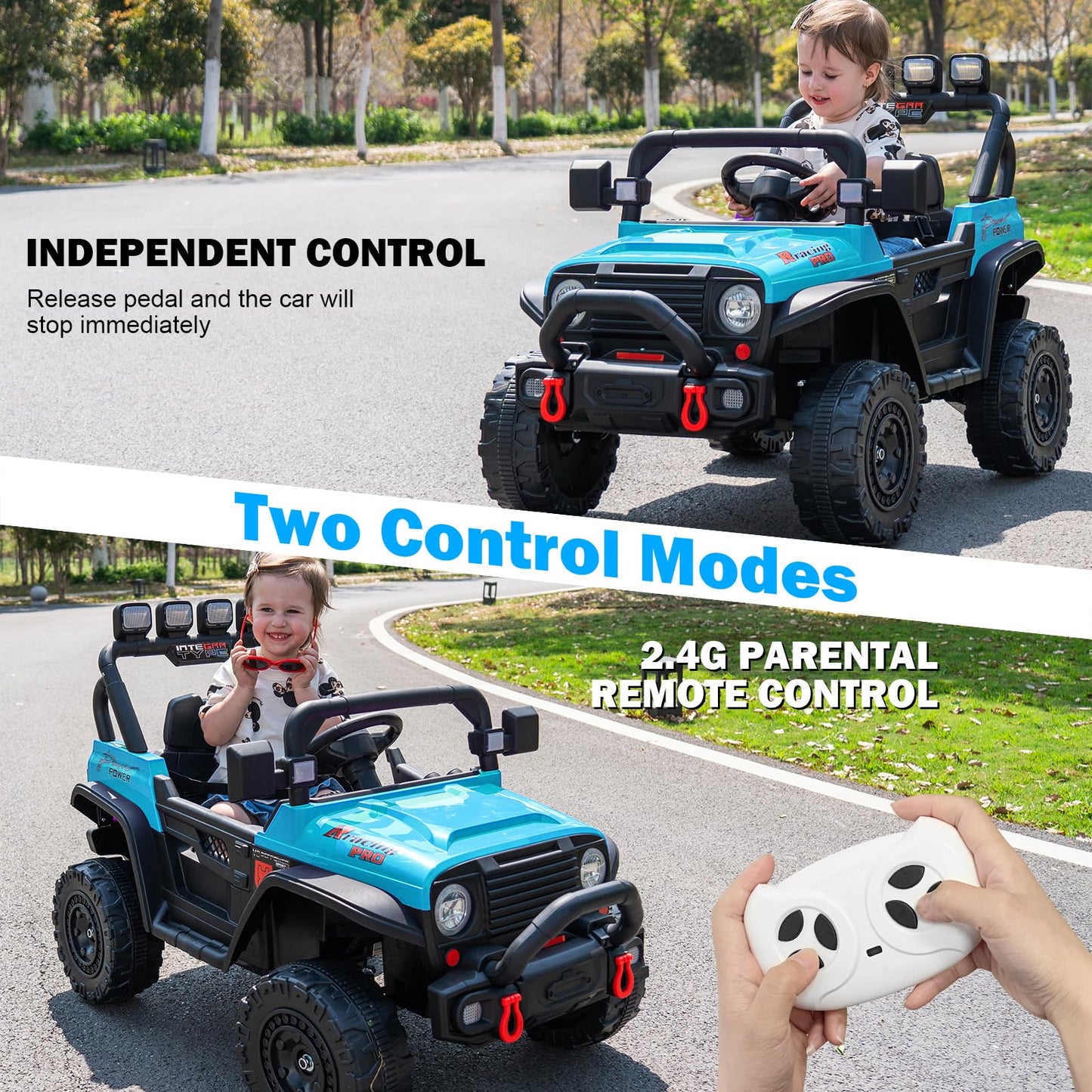 RunFast 12v Kids Ride on Car with Parent Remote Control Electric Ride on Toys for Kids 3-5 3.7mph Max Speed Battery Powered Large Seat with Safety Belt Aux Port Gift for Boy&Girl(Blue  12V)