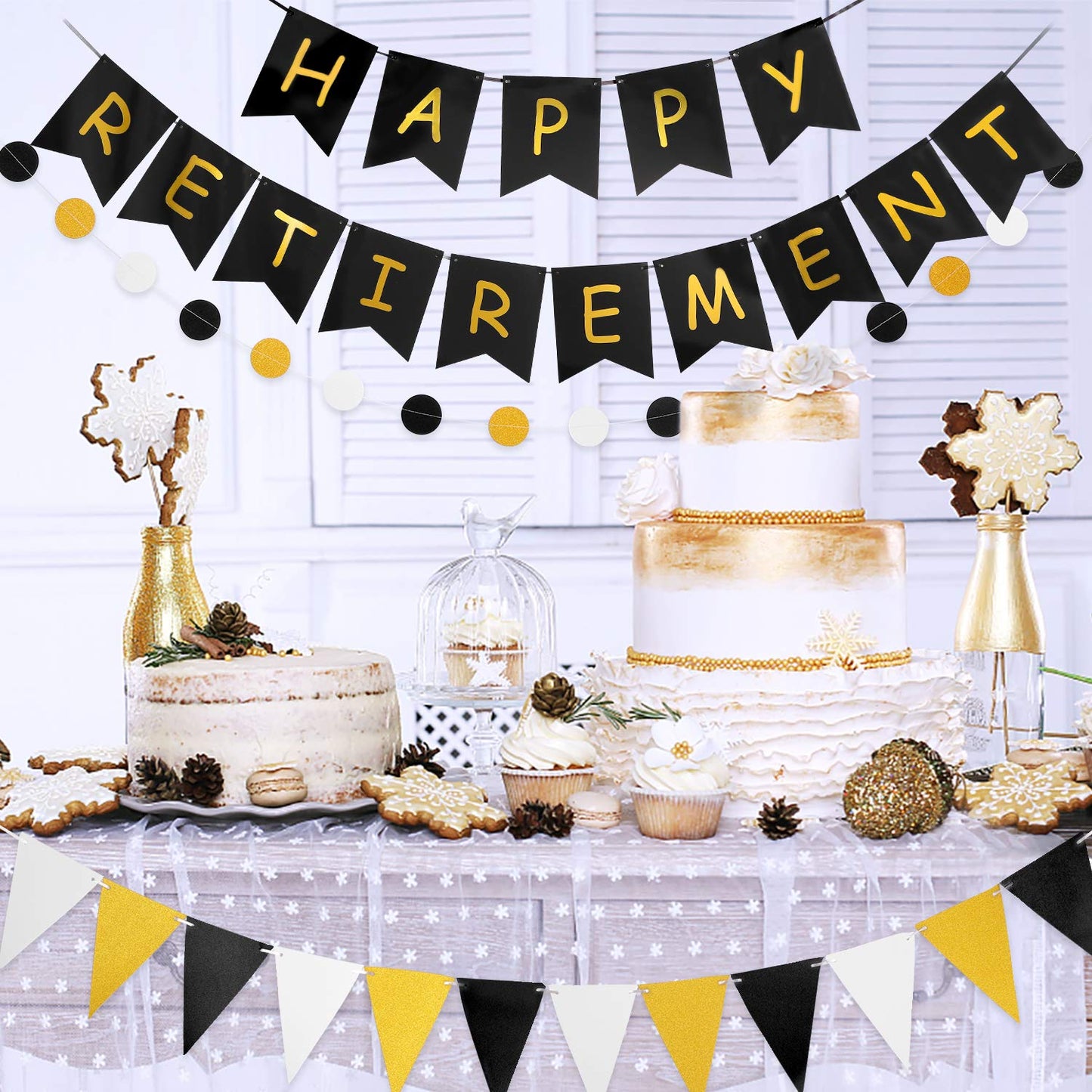 Happy Retirement Banner Assembled Gagaku Black And Gold Retirement Party Decorations Supplies Kit Gold Glitter Paper Pennant Banner For Men Women Office Farewell Party