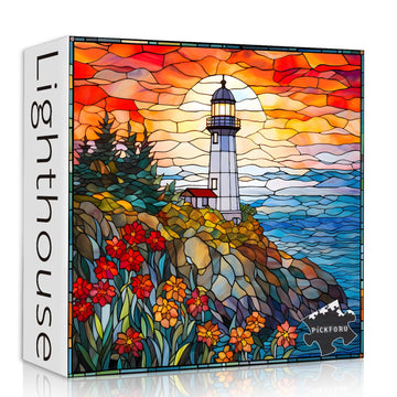 Stained Glass Lighthouse Puzzles for Adults 1000 Piece, Mosaic Beach Puzzle Hard, Impossible Difficult Challenging Puzzles, Ligh