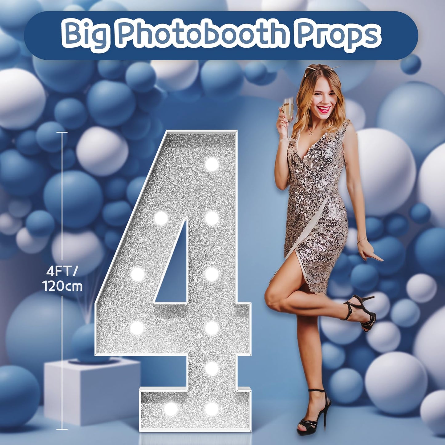 Imprsv Marquee Numbers Silver Birthday Decorations: Large 4 Feet Tall Light Up Numbers 4Th 40Th Party Decor Big Mosaic Cardboard