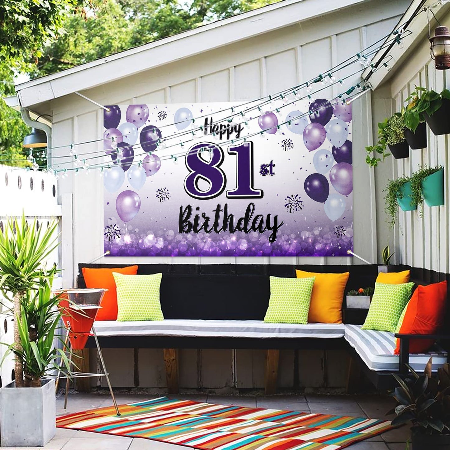 LASKYER Happy 81st Birthday Decorations,81st Purple Balloon Large Birthday Banner Backdrop Sign,81 Years Old Bday Party Supplies