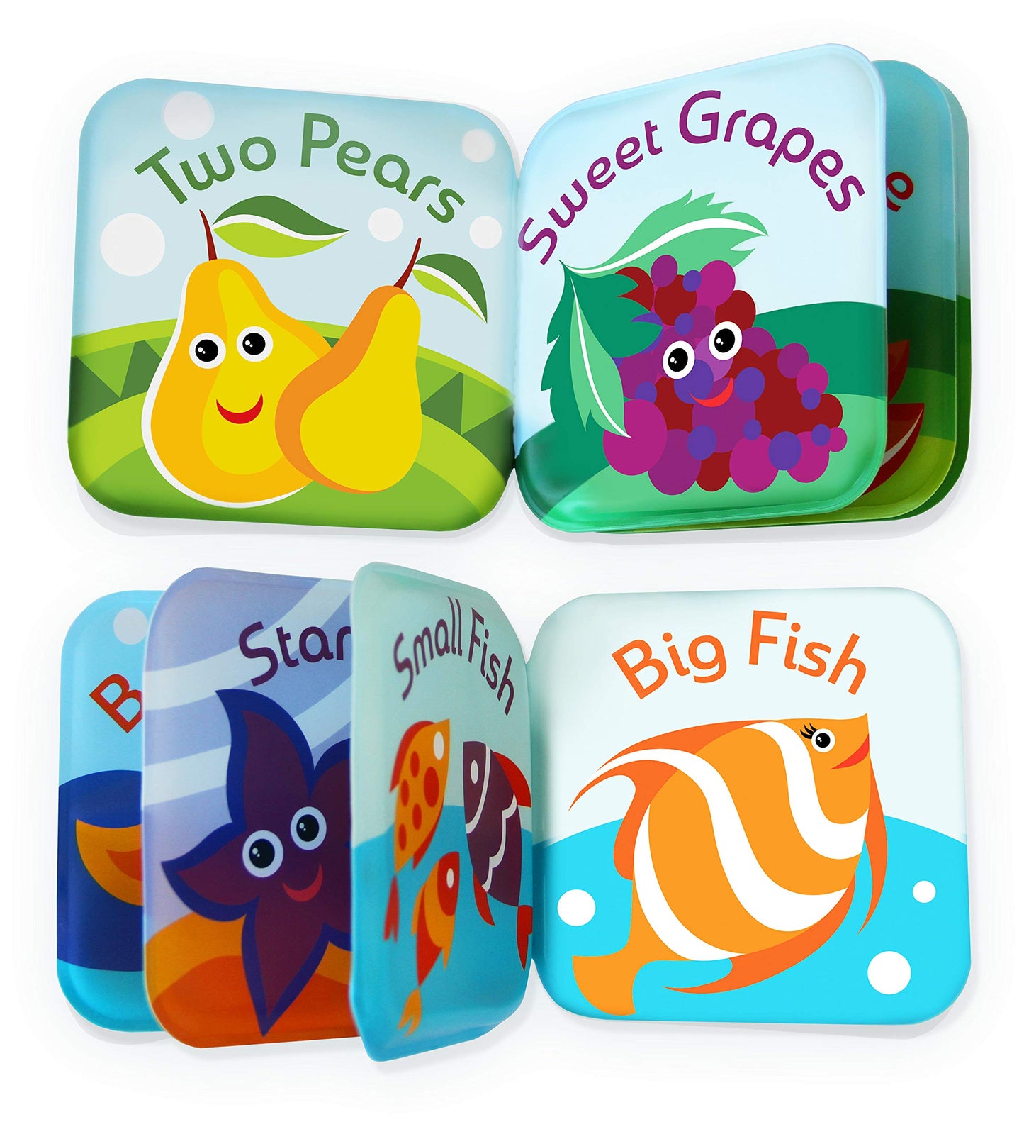 BabyBibi Floating Baby Bath Books - Waterproof, Mold-Free Toys, Small Size, Set of 2 (Fruits & Sea Animals)