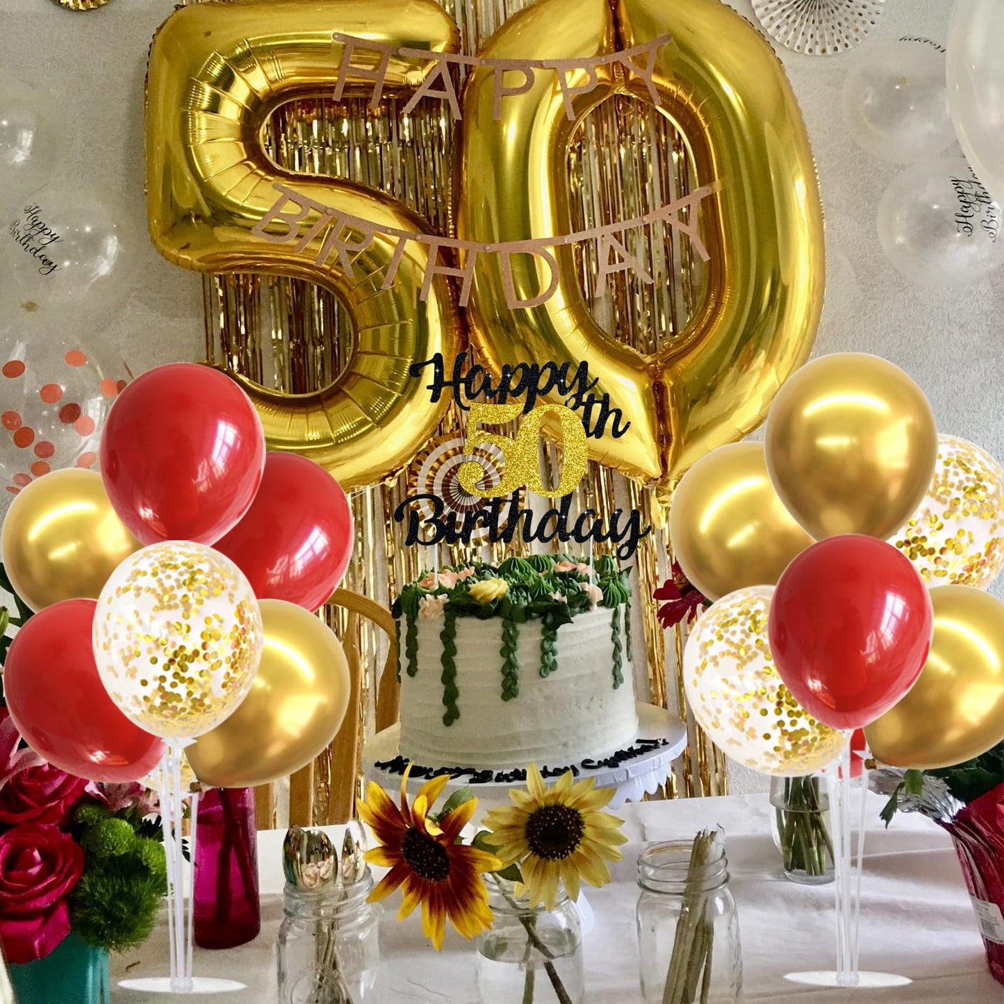 TONIFUL Balloon Stand Kit - 4 Plastic Stands with Balloons for Graduation, Wedding, Birthday - Red Gold - Model ZPT00101MF(1)