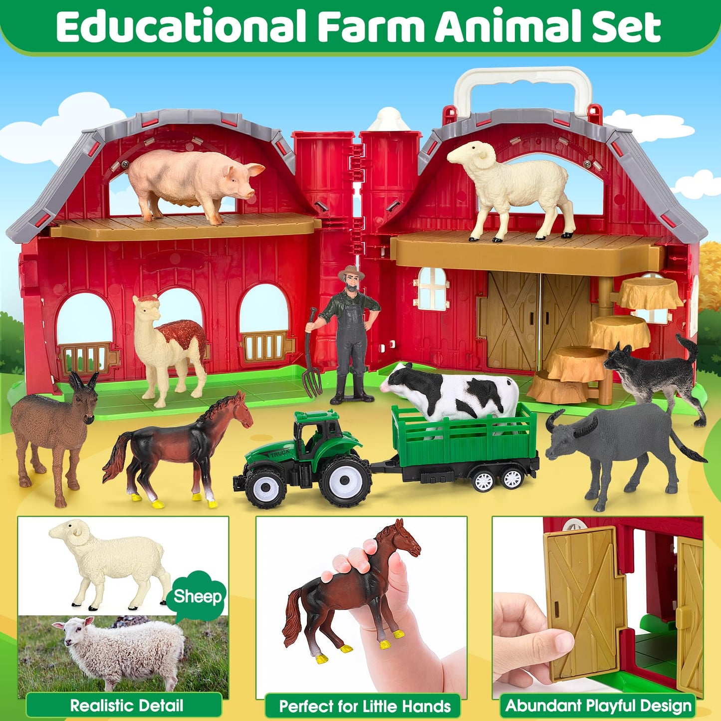 Farm Animals Toys For 1 2 3 4 5 Year Old Toddlers Girls Boys, Big Red Barn Farm With Figures Animals And Tractor Toy For Kids, Farm Playset Educational Learning Toys, Ideal Christmas Birthday Gifts
