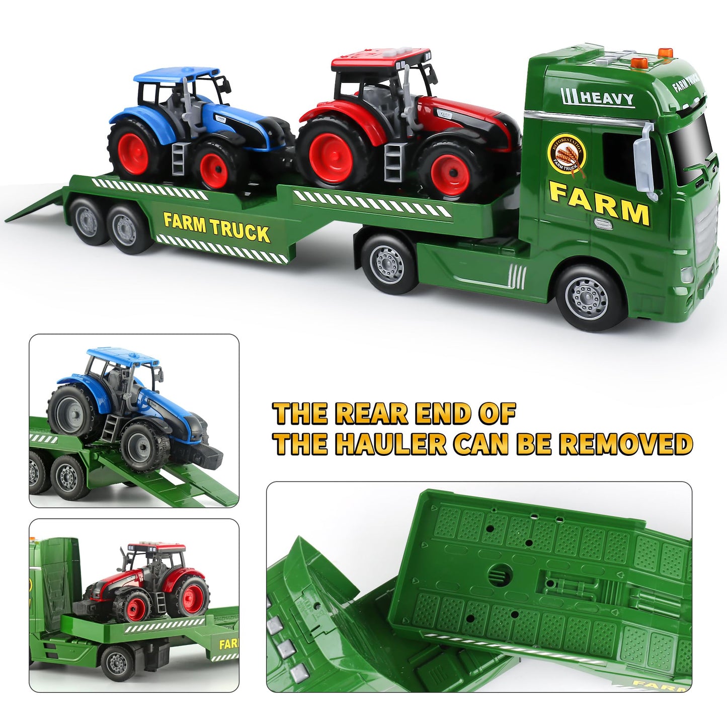 Dwi Dowellin Large Flatbed Semi Truck Toy for Kids,Includes Farm Vehicles,Car Toy Birthday Gift for 2 3 4 5 Years Old Boys and G