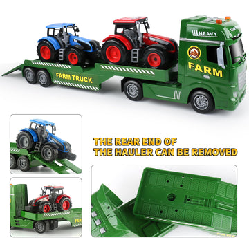 Dwi Dowellin Large Flatbed Semi Truck Toy for Kids,Includes Farm Vehicles,Car Toy Birthday Gift for 2 3 4 5 Years Old Boys and G