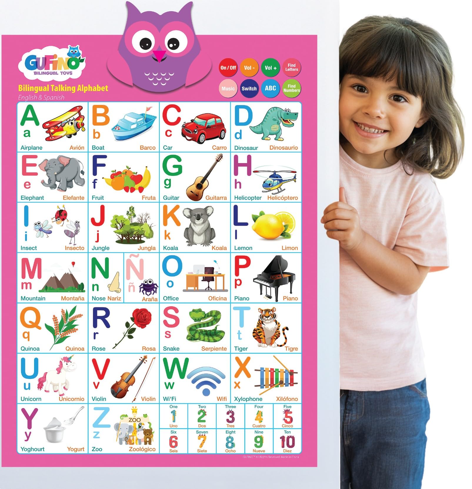 Gufino Alphabet Wall Chart - Bilingual Toys with Interactive Touch Buttons for Independent & Guided Learning - Ideal for Prescho
