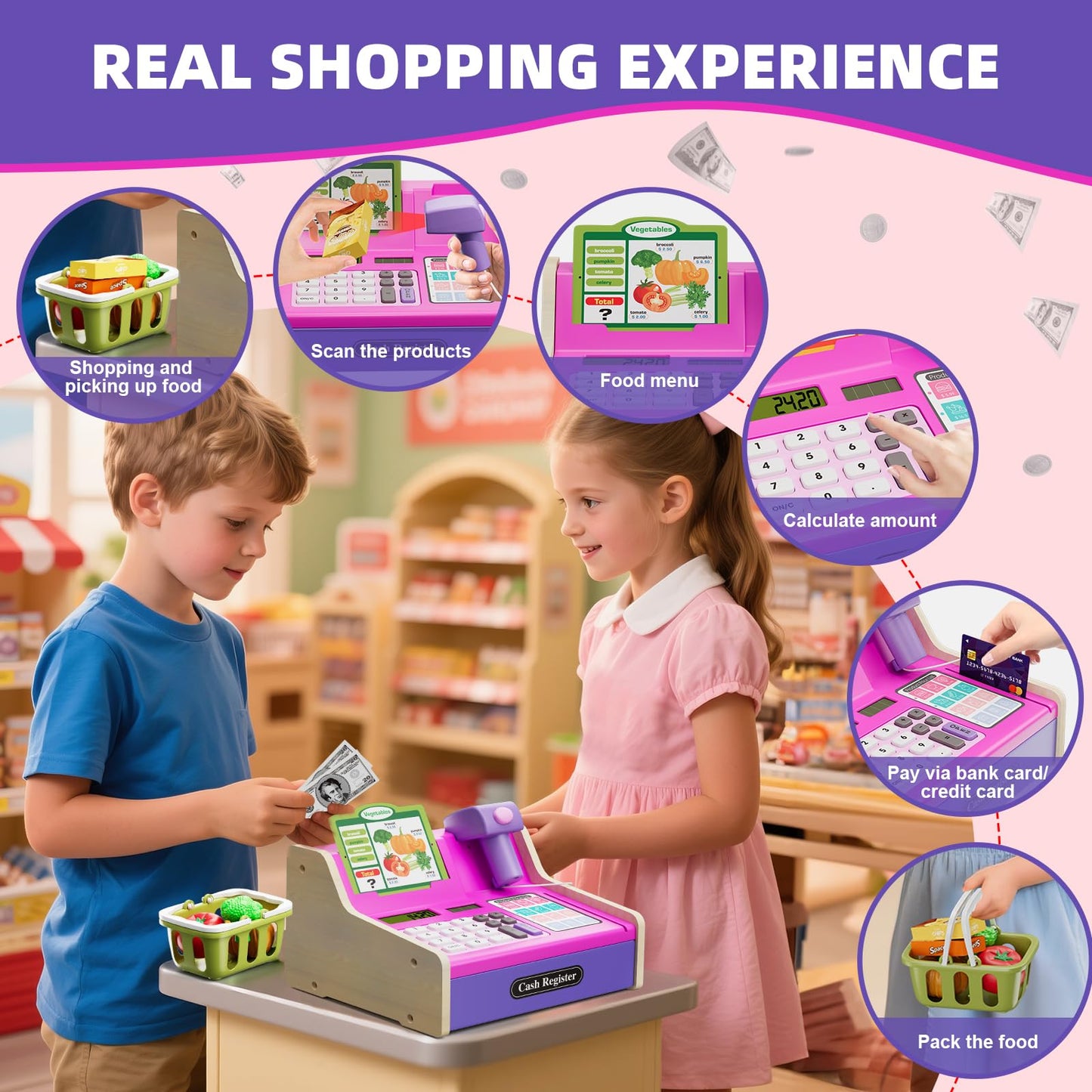 HYES Kids Cash Register Toys, Rechargeable Wooden Toddler Pretend Play Supermarket & Fast Food Restaurant, Cashier Toy with Play