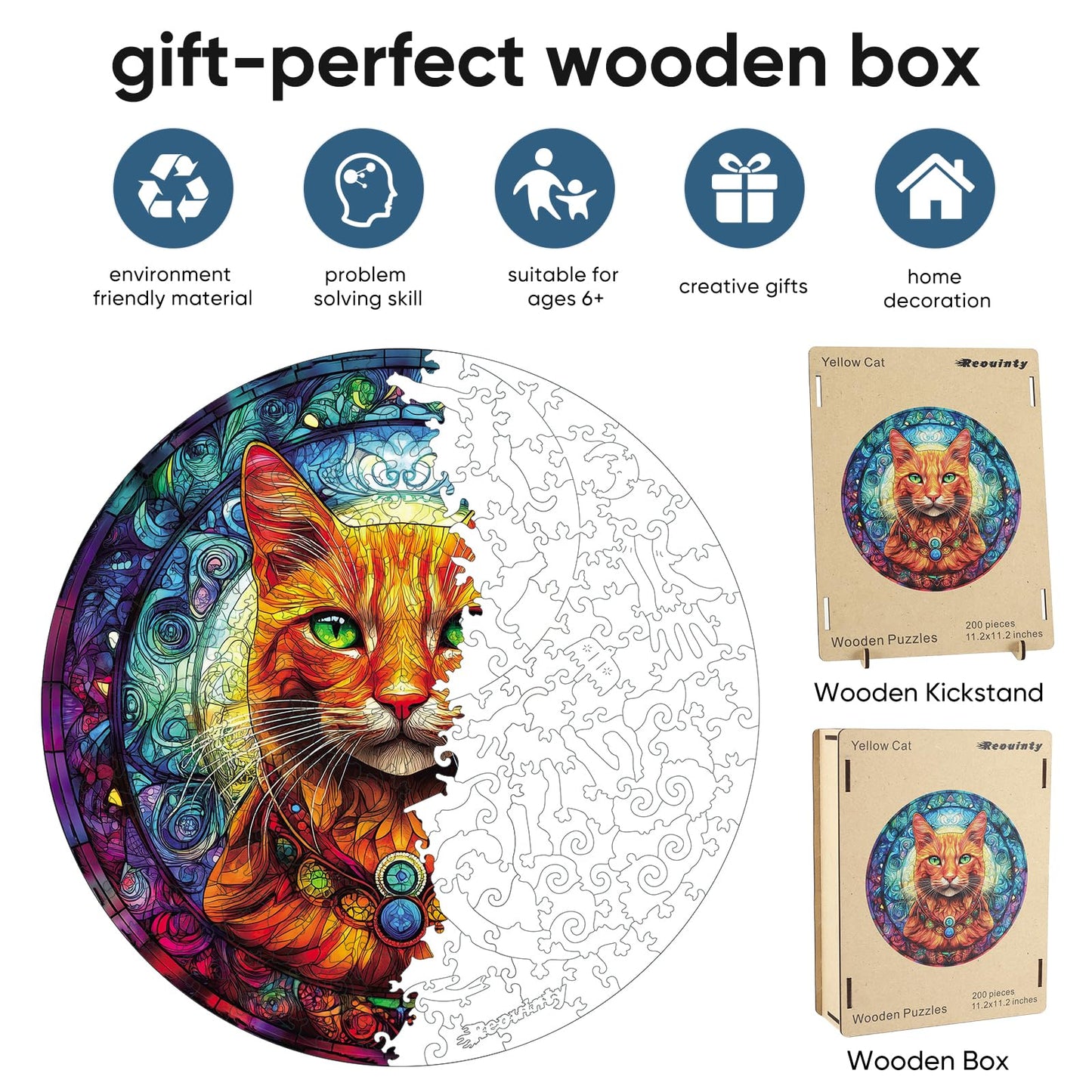 Reouinty Wooden Puzzles for mature-themeds  Yellow Cat Jigsaw Puzzles 200 Pieces  Unique Shaped Animal Wood mature-themed Puzzle  Best Gifts for mature-themeds Family Games (11.2 * 11.2 inches)