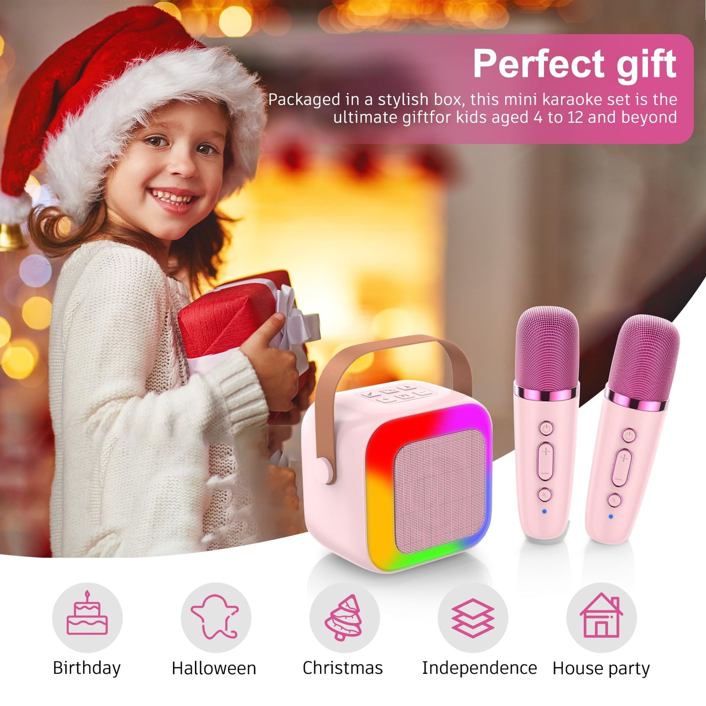 Szozzo Mini Karaoke Machine For Kids, Portable Bluetooth Karaoke Speaker With 2 Wireless Microphone And Led Lights, Toys Birthda