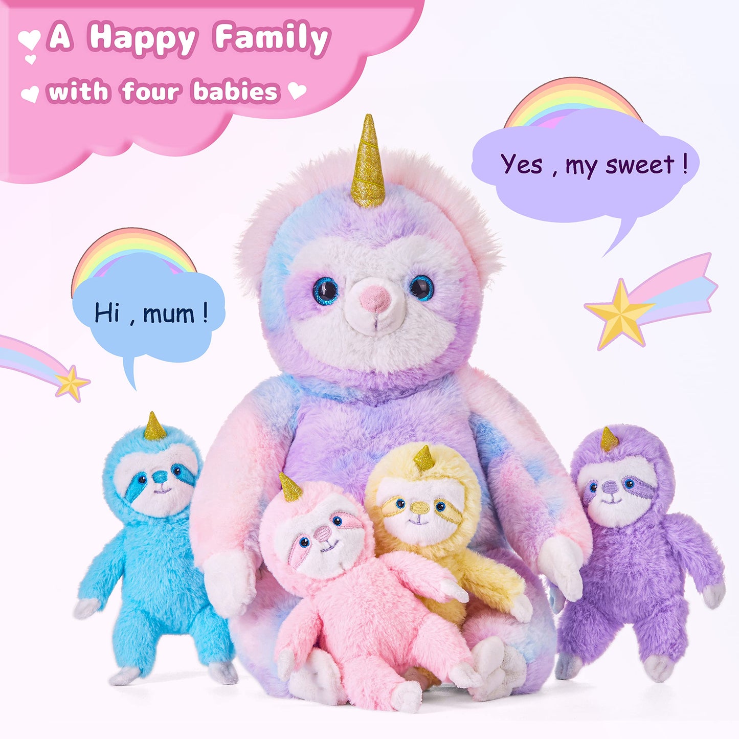 Ikasa Mommy Sloth Stuffed Animal Mom And Baby Plush Toy,Cute 20' Soft Small Fluffy Mama Family Set With Little Mini Babies,Gifts For Kids