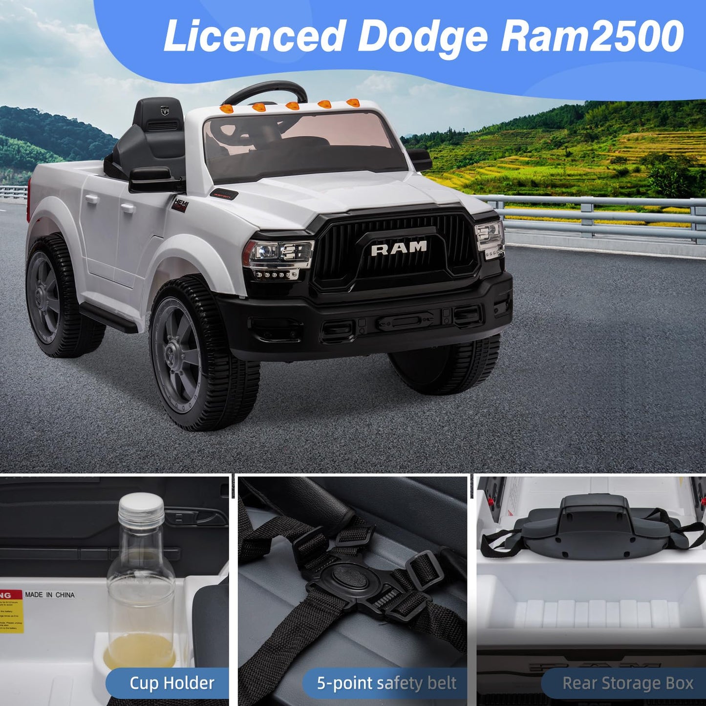 12V Ride on Toys for Kids 4-8, Licensed Ram 2500, Electric Car for Kids, with Remote Control, LED Light/Music/MP3, Back Storage