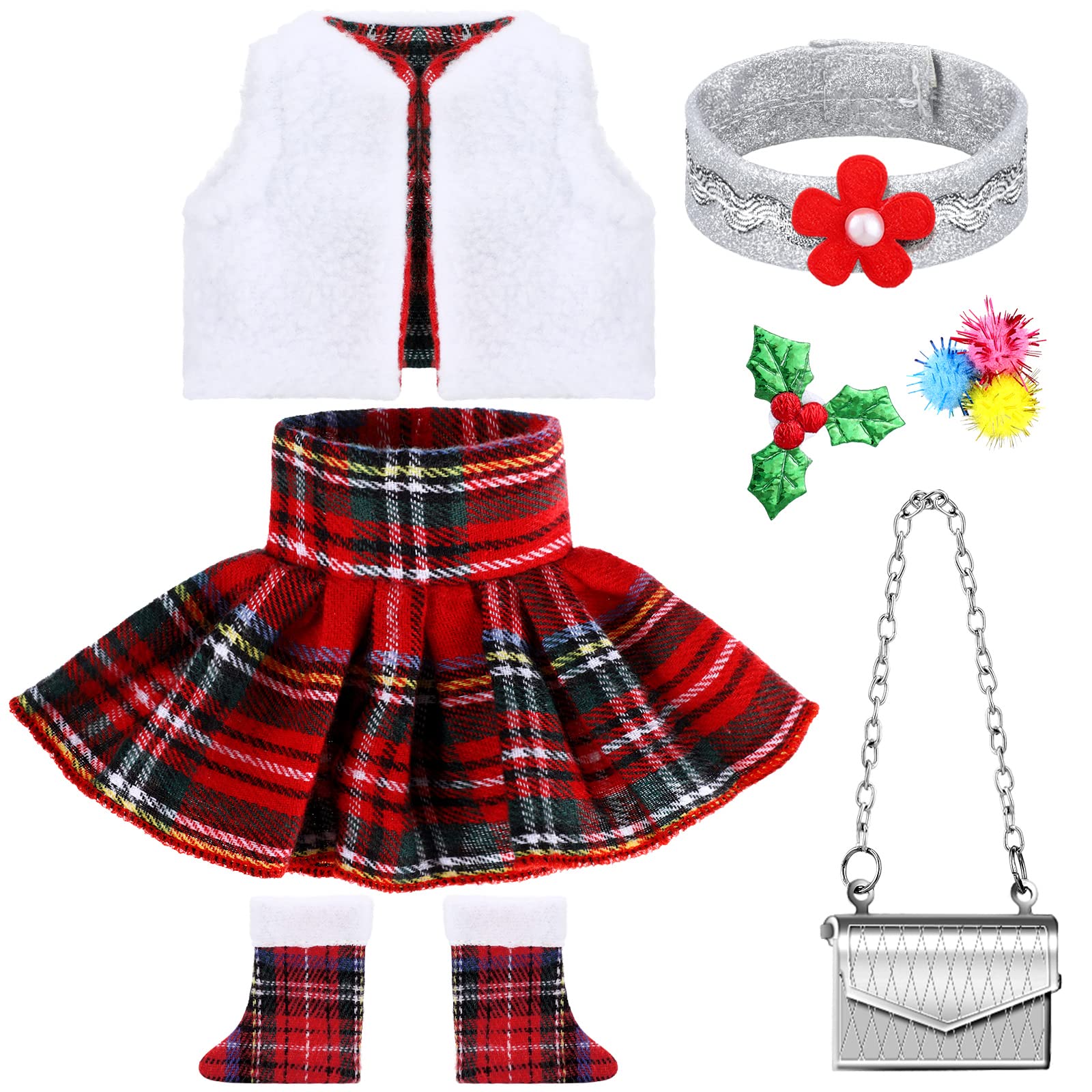 Aoriher 5 Pcs Santa Christmas Elf Doll Clothes Christmas Doll Clothing Costume Accessories Including Fluffy Vest  Plaid Skirts  Socks  3 in 1 Headband and Mini Silver Metal Bag for Doll Elf Outfit