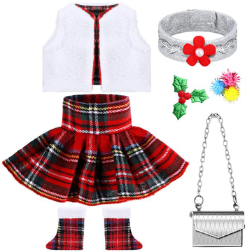 Aoriher 5 Pcs Santa Christmas Elf Doll Clothes Christmas Doll Clothing Costume Accessories Including Fluffy Vest  Plaid Skirts  Socks  3 in 1 Headband and Mini Silver Metal Bag for Doll Elf Outfit