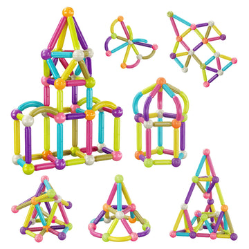 Picassotiles 50 Pcs Magnetic Building Stick Block Construction Set With Storage Bin Colorful 3D Stem Toy Blocks Bar Balls & Rods
