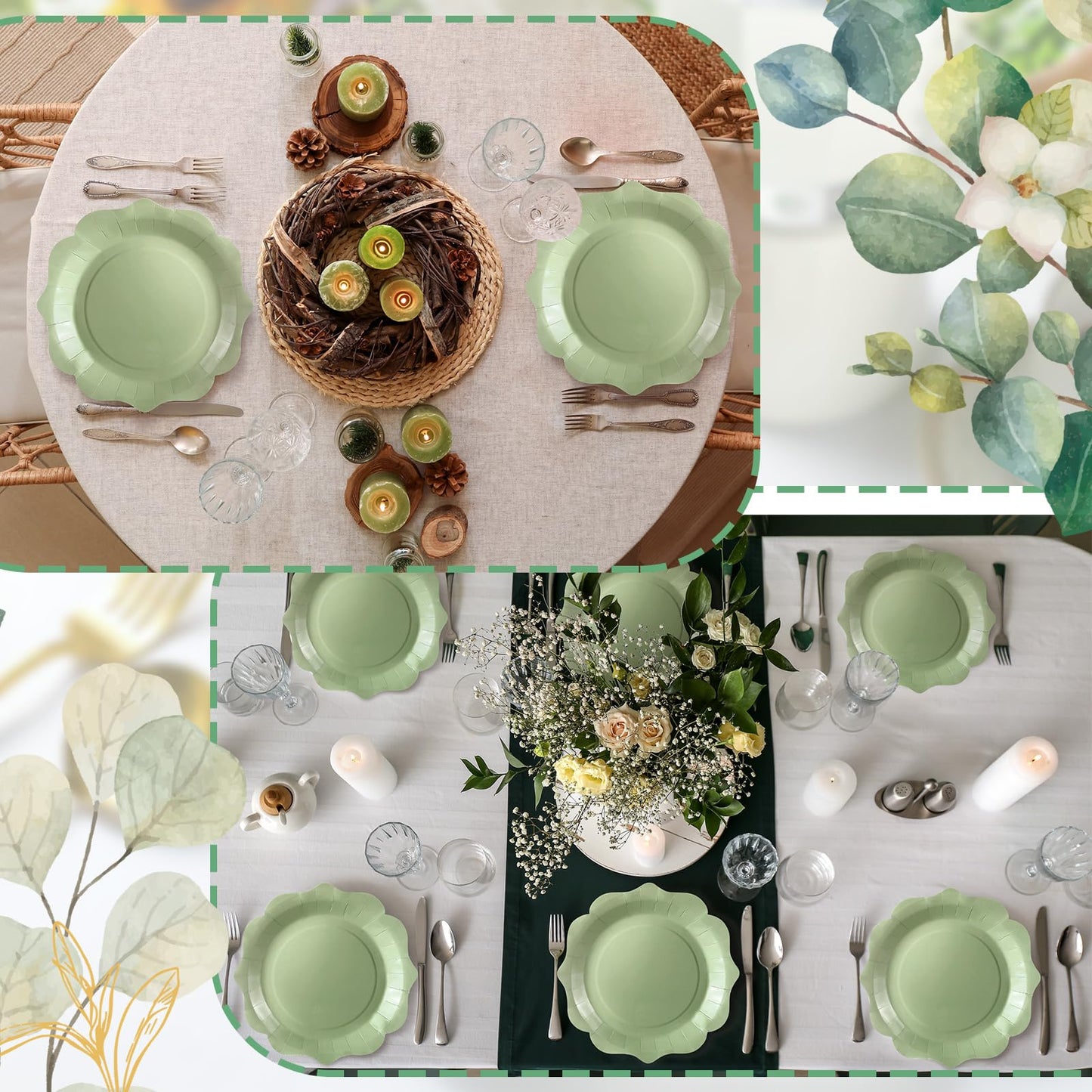 Mifoci 100 Pcs Sage Green Paper Plates Green Scalloped Edge Paper Plates 9 inches Disposable Serving Tray Sage Green Dessert Pla