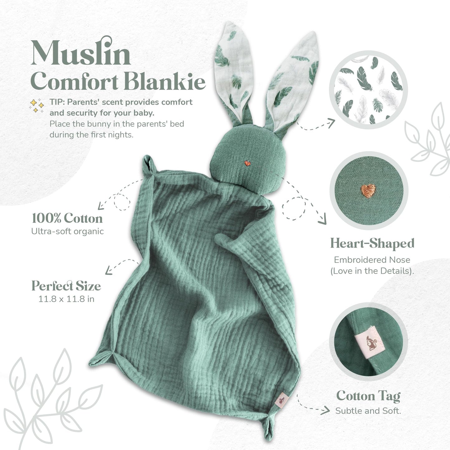 Mikito Organic Cotton Newborn Gift Box  Unisex Baby Gifts Including Muslin Lovey Comforter  Bandana Bib  Wooden Teether & Birth Announcement Sign