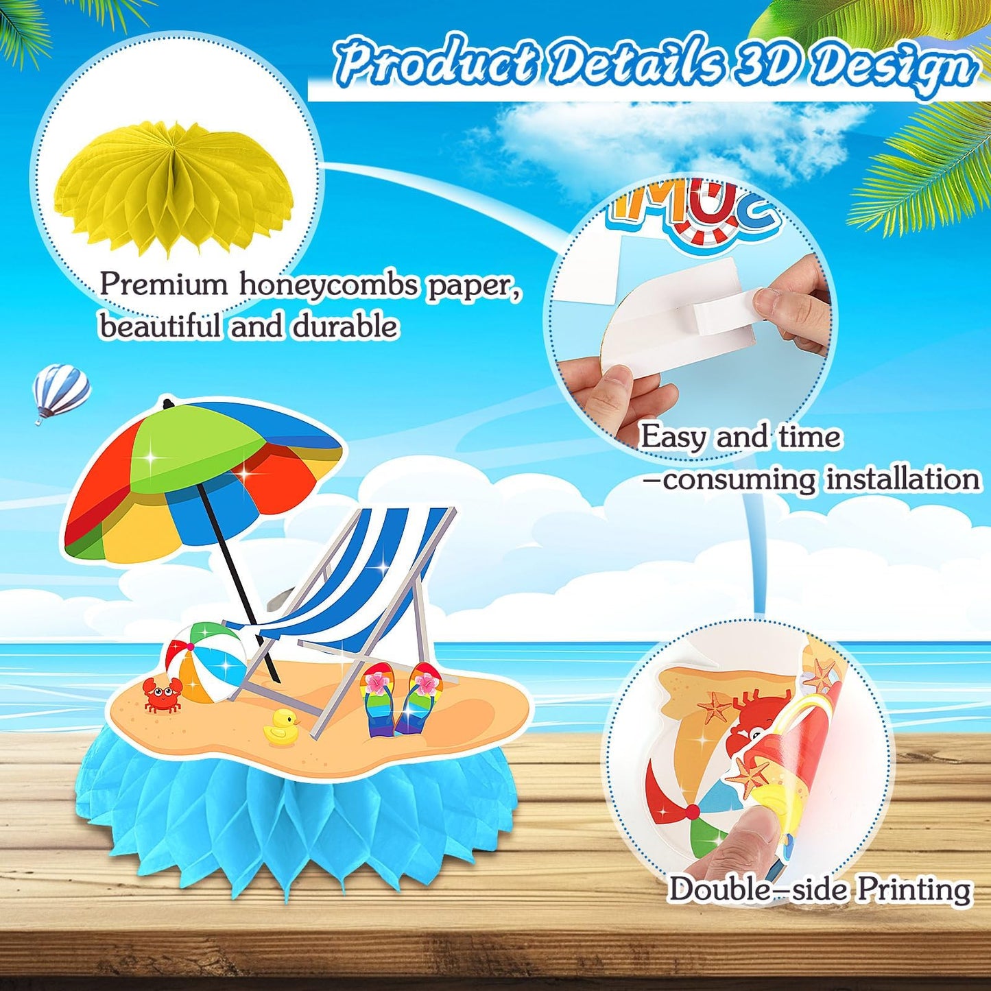 JULMELON 8PCS Summer Party Decorations Honeycomb Centerpiece, 3D Double Side Summer Beach Pool Party Table Toppers for Hawaiian