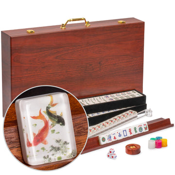Yellow Mountain Imports American Mahjong Set, Koi Fish With Wooden Case - Four Wooden Racks, Acrylic Pushers, Wright Patterson S
