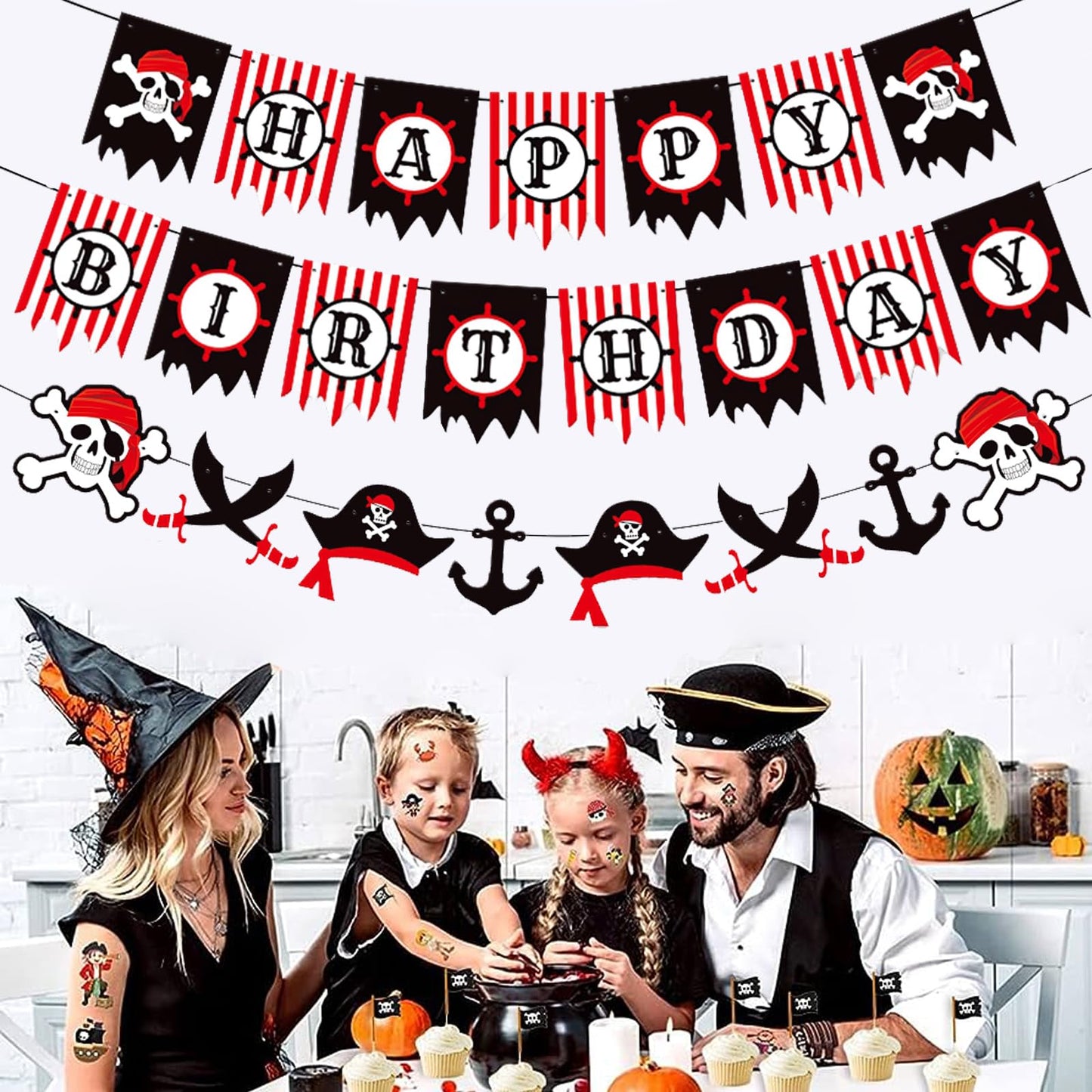 Zwiebeco Red Black White Happy Birthday Banner Pirate Bunting Garland Banner For Boys Girls Kids Teenagers Mens Womens Adults Bi