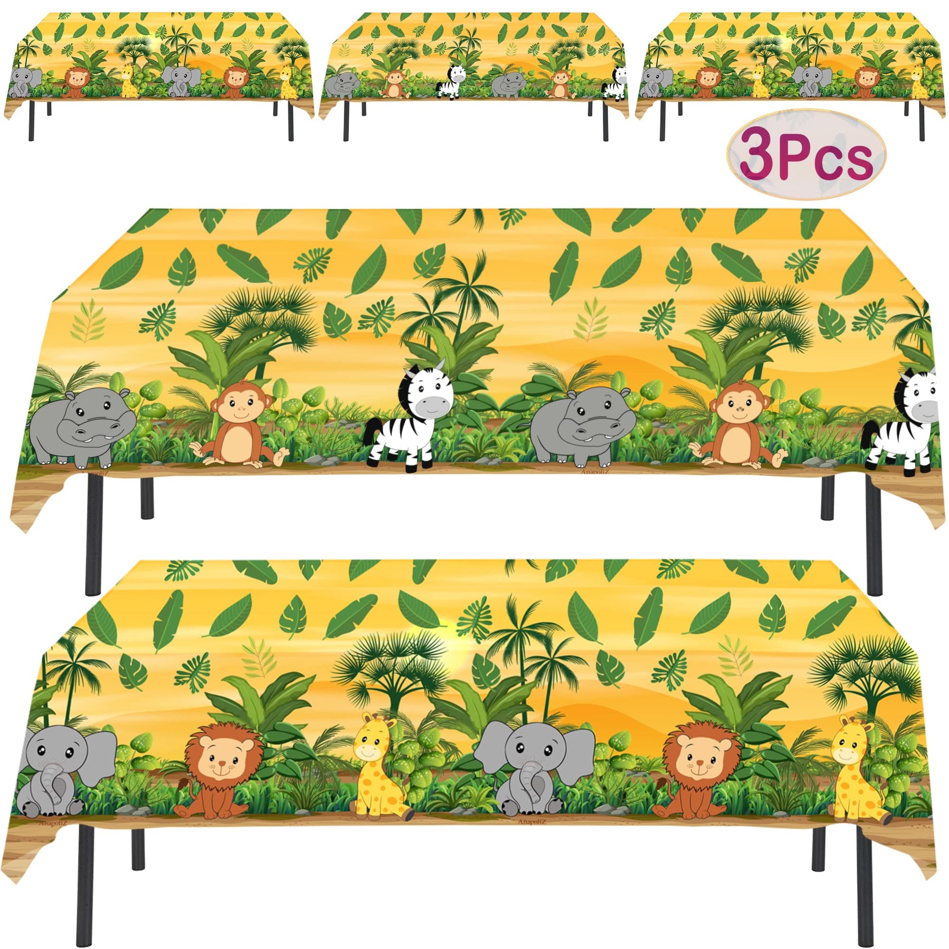 AnapoliZ Jungle Animal Tablecloth | 3 Pcs Pack 54 Wide x 102 Long | Plastic Safari Animal Table Cover | Zoo, Jungle Party Deco