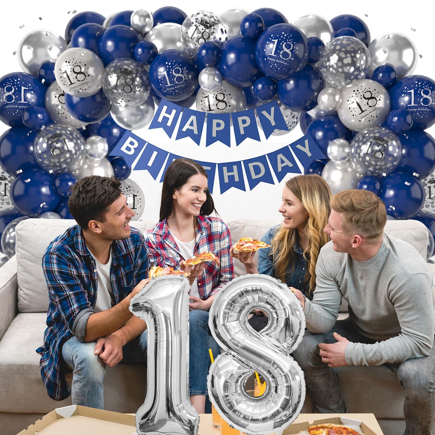 18Th Birthday Decorations Navy Blue Silver,18Th Birthday Balloon Garland Party Decorations With Number 18 Foil Balloons,Happy Bi