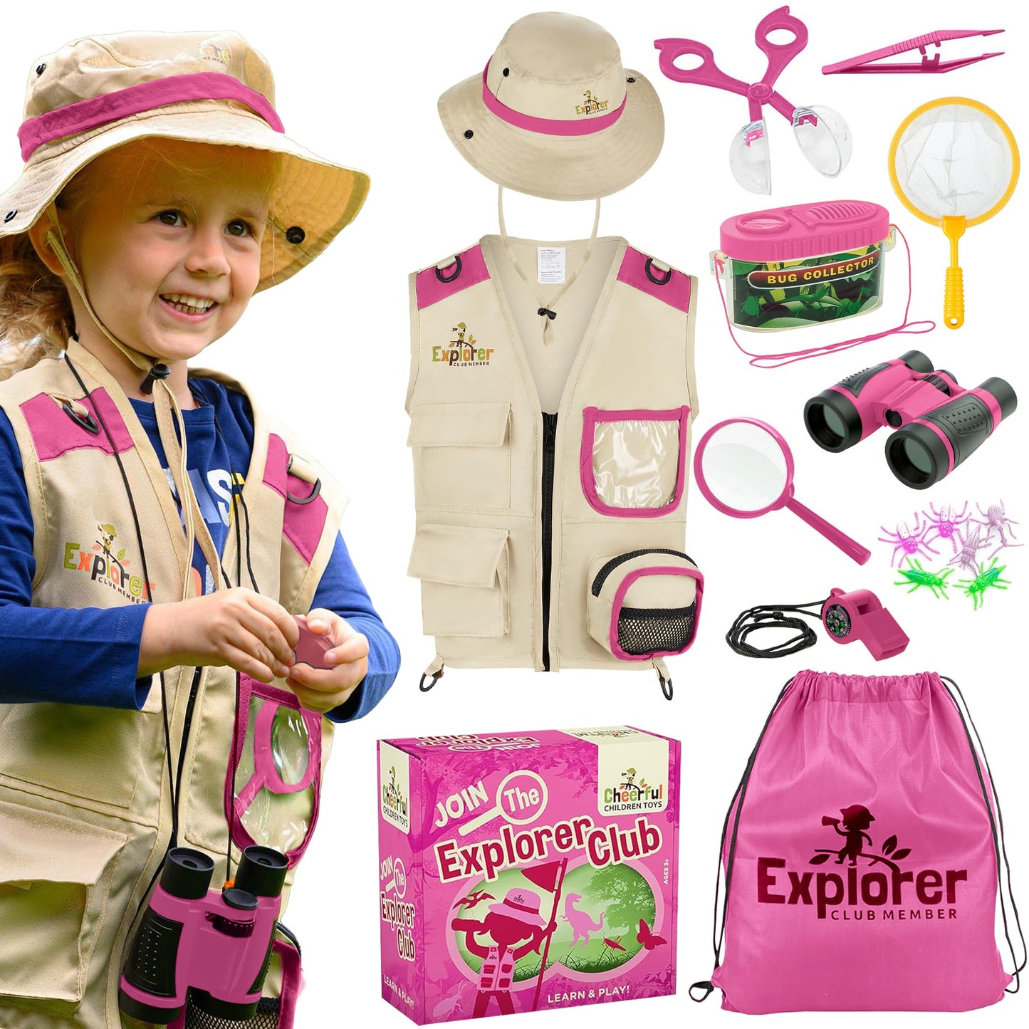 Cheerful Children Toys enhanced Quality Bug Catching Kit - 19 Pcs Kids Explorer Kit - 4-6 Kids Adventure Kit Include Safari Vest  Hat & Extra Sturdy Accessories - Ideal Educational Gift - Learn & Play