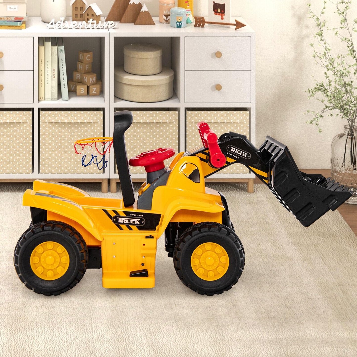 Honey Joy Electric Ride On Push Car, 6V Toddler Bulldozer Digger W/Balls & Basketball Hoop, Outdoor Digging Scoop, Flexible Buck