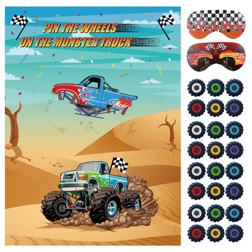 Eaezerav Pin The Wheels On The Truck Game With Monster Truck Poster, 36 Tyres Stickers, 2 Blindfolds For Car Theme Birthday Part