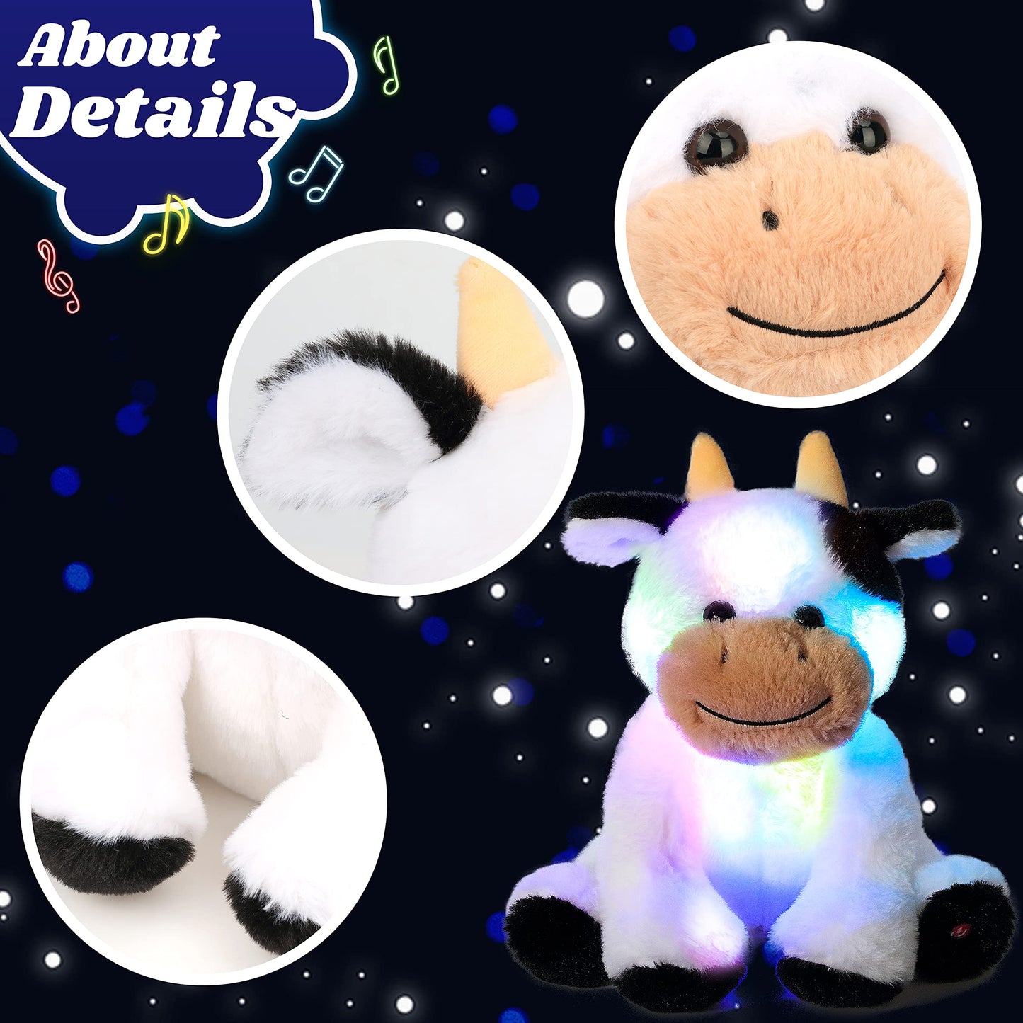 Cuteoy Musical Plush Cow Stuffed Animal Soft Glowing Led Light-Up Nightlight Toys Singing Lullabies Birthday Christmas Plushies Gifts For Kids Boys Girls,10'