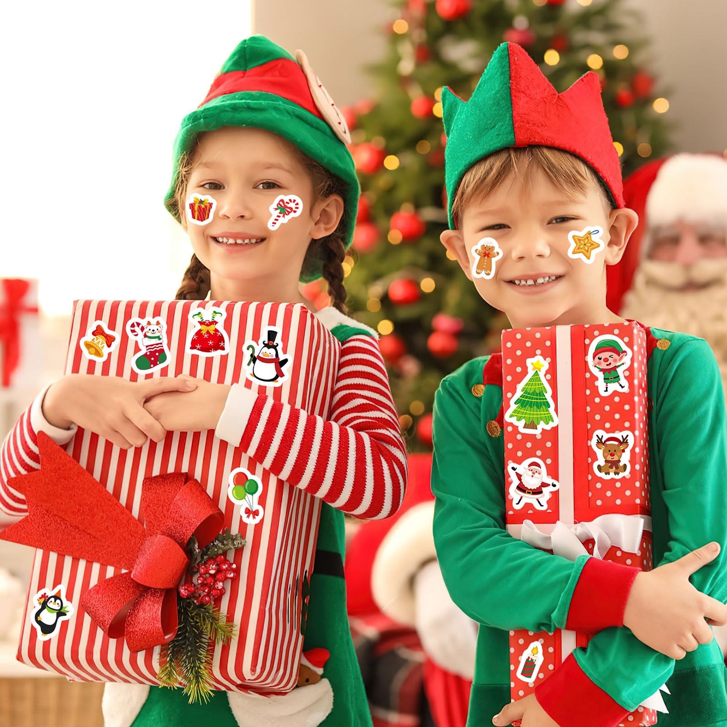 JULMELON 240 PCS Cute Christmas Stickers - Assorted Santa, Snowman, Tree Designs - Bulk Pack for Kids, Classroom, Party Favors,