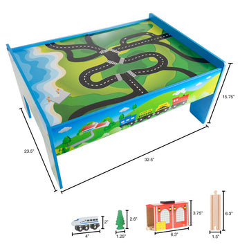 Wooden Train Set Table For Kids, Deluxe Had Painted With Tracks, Cars, Boats, And Accessories For Boys And Girls By Hey! Play!