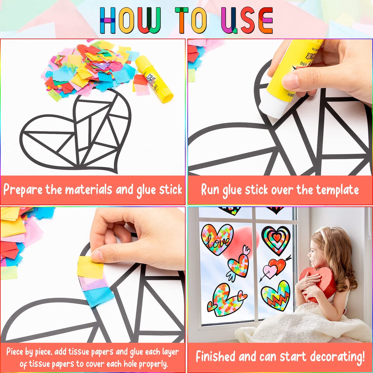 Haooryx 12Pcs Valentines Heart Paper Suncatcher for Kids, Heart Shaped Tissue Paper Craft DIY Window Stained Glass Effect Suncat