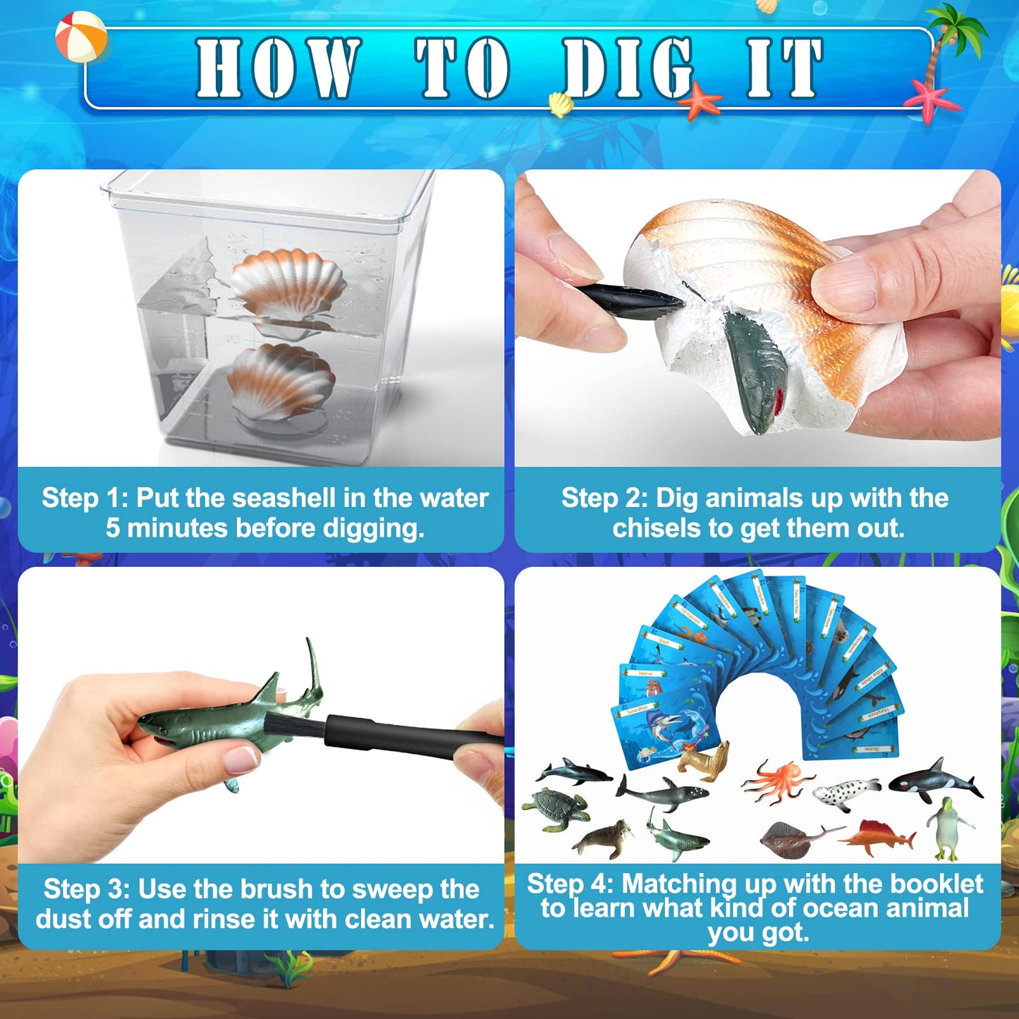 Earth'Scode Ocean Animals Dig Kit, Seashell Excavation Dig Bricks, Science Educational Gift For Kids