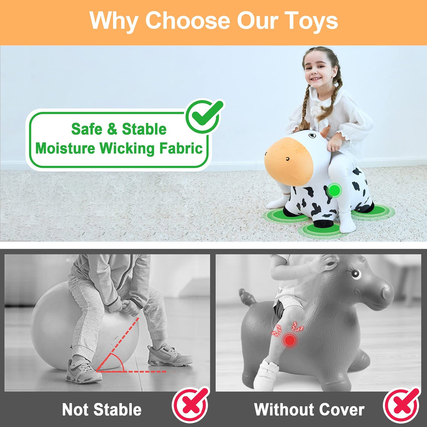iPlay, iLearn Bouncy Pals Dairy Cow Hopper - Plush Inflatable Ride-On Toy for Kids, 21x12x24 inches, White and Black