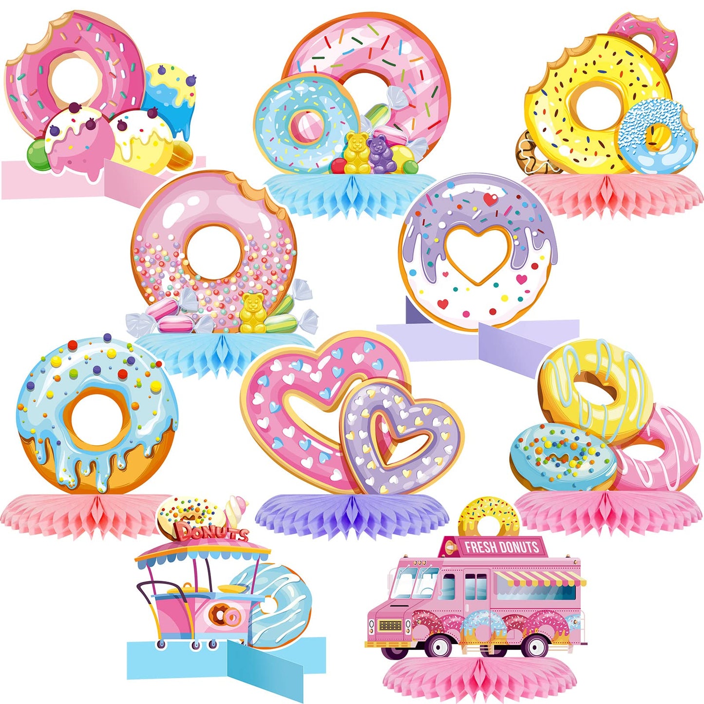 11 Pieces Donut Table Decorations Include 8 Pieces Honeycomb Donut Centerpieces for Party 3 Pieces Donut Cardboard Stand up for 